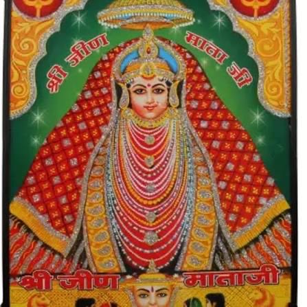 Traditional devotional painting of Shri Jeen Mataji with a jewelled crown, many-layered necklaces and a red chunari, titled 'Shri Jeen Mata Ji' in Hindi